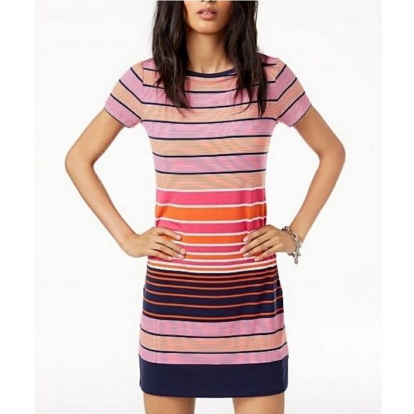 MICHAEL Michael Kors Abbey Striped Short Sleeve Shift Crew Dress - Picture 2 of 15